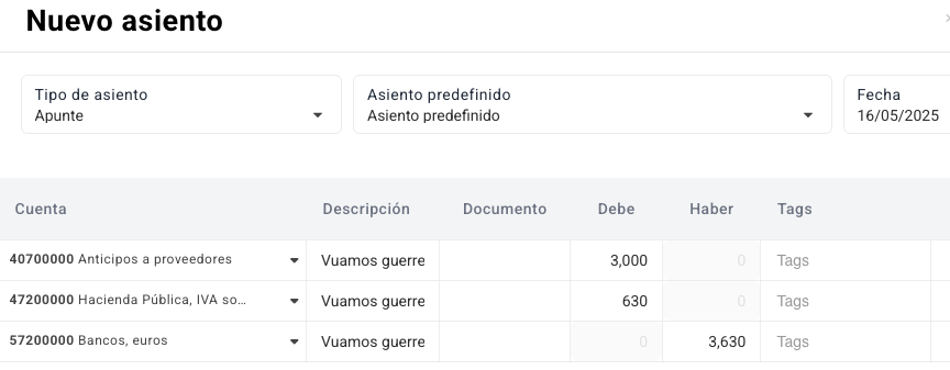 asiento de contabilización de anticipos a proveedores