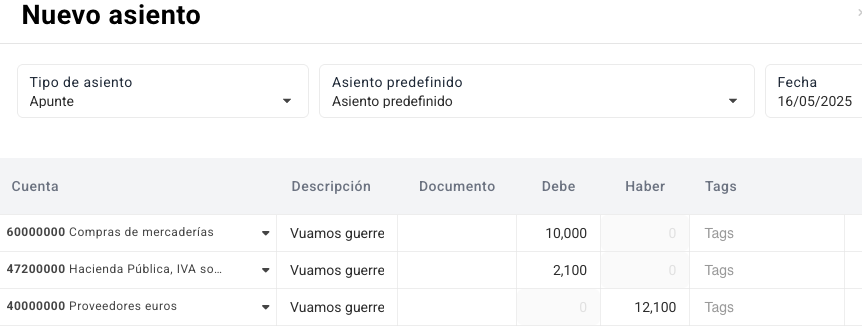 como gestionar el IVA en un asiento contable de anticipo a proveedores