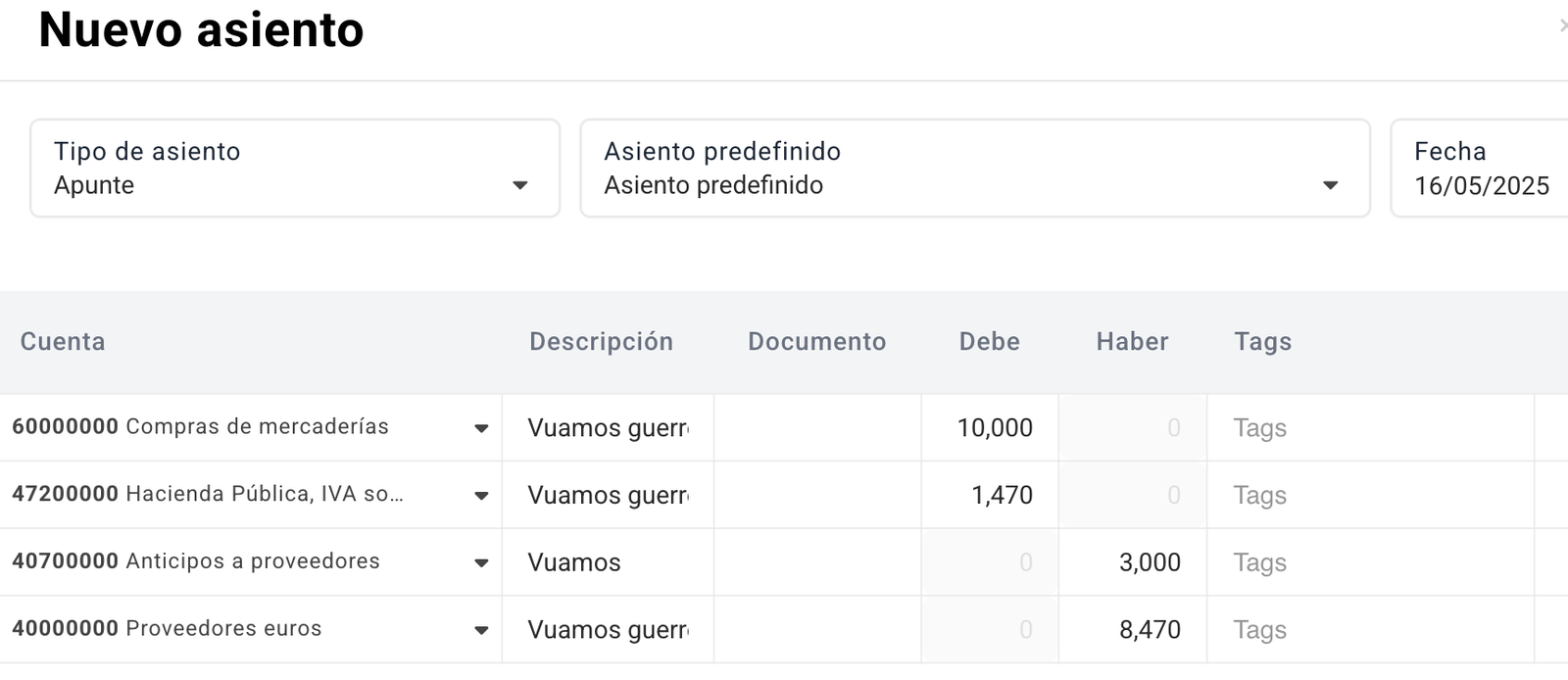 Ejemplo real de un asiento de contabilidad de anticipo de proveedores (cuenta del PGC 407)