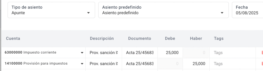 como es el asiento de la provision para impuestos